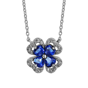 COLLIER ARGENT RHODIÉ TREFLE PIERRE SYNTHETIQUE BLEU ENTOURAGE OXYDES BLANCS SERTIS 40+4CM