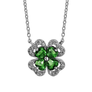 COLLIER ARGENT RHODIÉ TREFLE PIERRE SYNTHETIQUE VERTE ENTOURAGE OXYDES BLANCS SERTIS 40+4CM