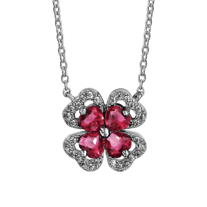COLLIER ARGENT RHODIÉ TREFLE PIERRE SYNTHETIQUE ROUGE ENTOURAGE OXYDES BLANCS SERTIS 40+4CM