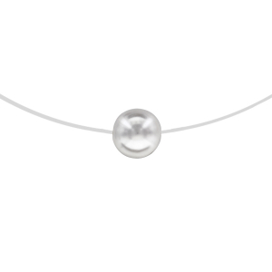 COLLIER ARGENT RHODIÉ FIL NYLON  PERLE BLANCHE SYNTHETIQUE 8MM 42CM