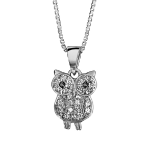 COLLIER ARGENT RHODIÉ PENDENTIF HIBOU - CHOUETTE OXYDES BLANCS SERTIS 42+3CM