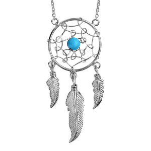 COLLIER ARGENT RHODIÉ ATTRAPE REVE 18MM 1 BOULE TURQUOISE SYNTHETIQUE ET PLUME 40+5CM
