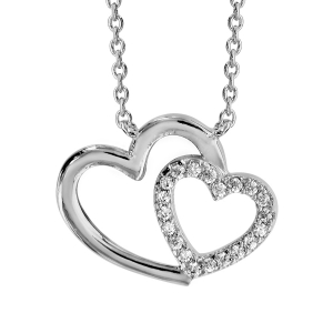 COLLIER ARGENT RHODIÉ DOUBLE COEUR CROISE OXYDES BLANCS 40+4CM