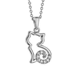 COLLIER ARGENT RHODIÉ CHAT STYLISE OXYDES BLANCS 40+4CM
