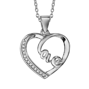 COLLIER ARGENT RHODIÉ PENDENTIF COEUR LOVE AVEC OXYDES BLANCS SERTIS 40+5CM