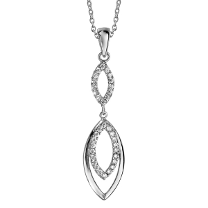 COLLIER ARGENT RHODIÉ PENDENTIF 2 MOTIFS OVALES OXYDES BLANCS SERTIS 40+5CM