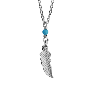 COLLIER ARGENT RHODIÉ PENDANT PLUME BOULE TURQUOISE SYNTHETIQUE 37,5+4CM