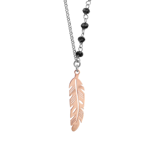 COLLIER ARGENT RHODIÉ PERLES SYNTHETIQUE NOIRES ET 1 PLUME DORURE ROSE 62+3CM