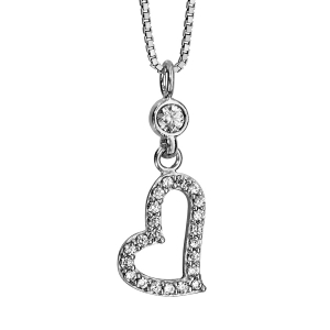 COLLIER ARGENT RHODIÉ COEUR AJOURE OXYDES BLANCS SERTIS 42+3CM