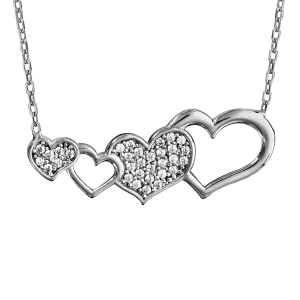 COLLIER ARGENT RHODIÉ 4 COEURS DONT 2 AJOURES ET 2 OXYDES BLANCS SERTIS 42+3CM