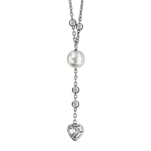 COLLIER ARGENT RHODIÉ PETITES BOULES 3 PERLES SYNTHETIQUE BLANCHES ET OXYDES BLANCS SERTIS CLOS + COEUR 40+5CM