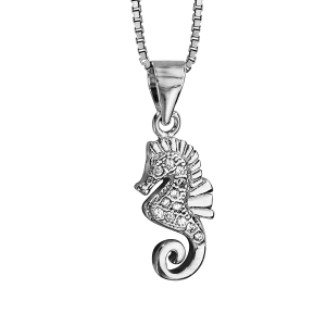 COLLIER ARGENT RHODIÉ PENDENTIF HYPPOCAMPE OXYDES BLANCS SERTIS 42+3CM