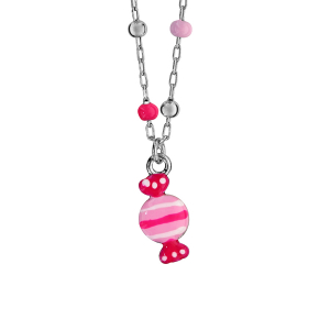 COLLIER ARGENT RHODIÉ ENFANT BOULES RÉSINE ROSE AVEC BONBON ROSE 37+3CM
