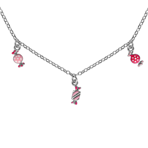 COLLIER ARGENT RHODIÉ ENFANT AVEC 3 PAMPILLES BONBONS ROSES 37+3CM