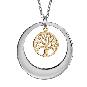 COLLIER ARGENT RHODIÉ RONDELLE AVEC ARBRE DE VIE DORURE JAUNE 40+5CM