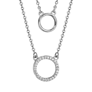 COLLIER ARGENT RHODIÉ DOUBLE CHAINE 2 CERCLES DONT 1 AVEC OXYDES BLANCS SERTIS 42+3CM