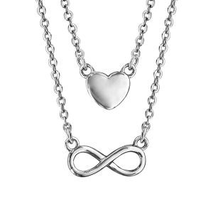 COLLIER ARGENT RHODIÉ DOUBLE CHAINE COEUR ET INFINI  42+3CM