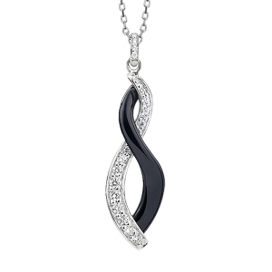 COLLIER ARGENT RHODIÉ PENDENTIF (26 MM) 2 RUBANS 1 CERAMIQUE NOIRE ET L'AUTRE OXYDES BLANC SERTI 42+3CM