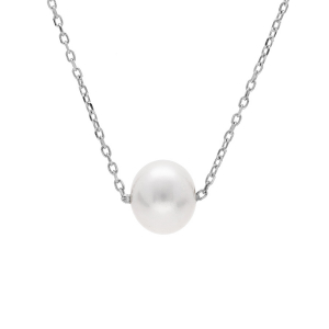 COLLIER ARGENT RHODIÉ PERLE DE CULTURE D'EAU DOUCE BLANCHE 8MM  41+5CM