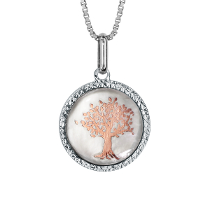 COLLIER ARGENT RHODIÉ PENDENTIF ROND 14MM NACRE ROSE MOTIF ARBRE DE VIE METAL ROSE 42+3CM