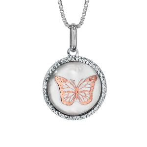 COLLIER ARGENT RHODIÉ PENDENTIF ROND 14MM NACRE ROSE MOTIF PAPILLON METAL ROSE 42+3CM