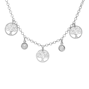 COLLIER ARGENT RHODIÉ 3 PAMPILLES RONDELLES ARBRE DE VIE ET 2 OXYDES BLANCS SERTIS CLOS 40 + 5 CM