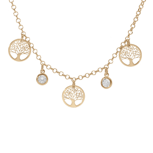 COLLIER ARGENT ET  DORURE JAUNE 3 PAMPILLES RONDELLES ARBRE DE VIE ET 2 OXYDES BLANCS SERTIS CLOS 40 + 5 CM