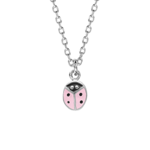 COLLIER ARGENT RHODIÉ ENFANT COCCINELLE RÉSINE ROSE 36+2CM