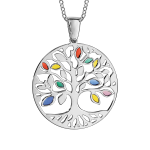 COLLIER ARGENT RHODIÉ PENDENTIF ARBRE DE VIE RÉSINE MULTI COULEURS 42+3CM