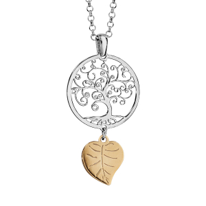 COLLIER ARGENT RHODIÉ ARBRE DE VIE ET FEUILLE DORURE JAUNE 42+3CM