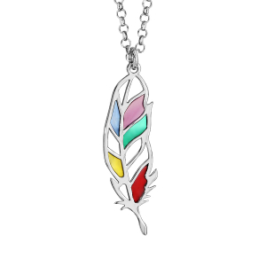 COLLIER ARGENT RHODIÉ FORME PLUME MULTI COULEUR 42+3CM
