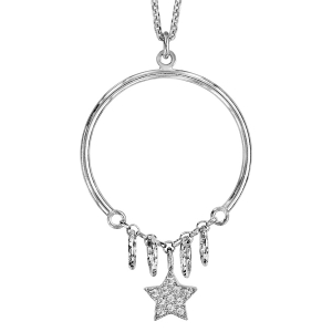 COLLIER ARGENT RHODIÉ PENDENTIF MULTI ANNEAUX ET ETOILE OXYDES BLANCS SERTIS 42+5CM