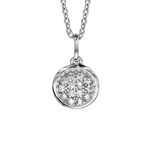 COLLIER ARGENT RHODIÉ PENDENTIF ROND OXYDES BLANCS SERTIS  42+3CM