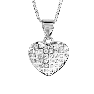 COLLIER ARGENT RHODIÉ PENDENTIF COEUR QUADRILLAGE OXYDES BLANCS SERTIS 42+3CM