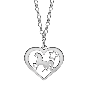COLLIER ARGENT RHODIÉ PENDENTIF COEUR AJOURE CHEVAL 40+5CM