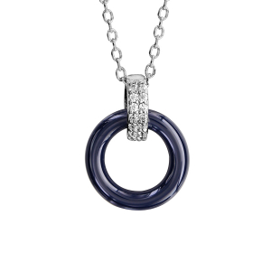COLLIER ARGENT RHODIÉ DOUBLE ANNEAU 1 CERAMIQUE BLEU MARINE 1 OXYDES BLANCS SERTIS 40+5CM
