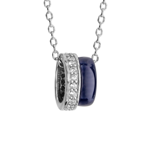 COLLIER ARGENT RHODIÉ DOUBLE ANNEAU 1 CERAMIQUE BLEU MARINE 1 OXYDES BLANCS SERTIS 40+5CM