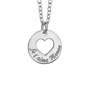 COLLIER ARGENT RHODIÉ RONDELLE  JE T'AIME MAMAN COEUR EVIDE 40+5cm