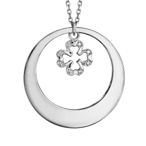 COLLIER ARGENT RHODIÉ CERCLE AVEC MOTIF TREFLE OXYDES BLANCS SERTIS 40+5CM