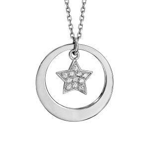 COLLIER ARGENT RHODIÉ PETIT CERCLE AVEC MOTIF ETOILES OXYDES BLANCS SERTIS 40+5CM