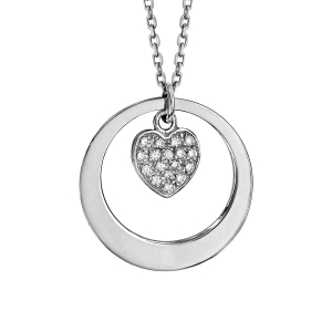 COLLIER ARGENT RHODIÉ PETIT CERCLE AVEC MOTIF COEUR OXYDES BLANCS SERTIS 40+5CM