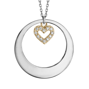 COLLIER ARGENT RHODIÉ ET DORURE JAUNE CERCLE AVEC MOTIF COEUR OXYDES BLANCS SERTIS 40+5CM