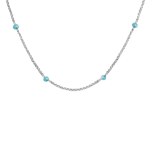 COLLIER ARGENT RHODIÉ BOULES PERLES DE VERRE FACETEES BLEU CLAIR  70+10CM