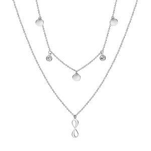 COLLIER ARGENT RHODIÉ DOUBLE CHAINE PASTILLES LISSES ET OXYDES BLANCS SERTIS CLOS L'AUTRE AVEC INFINI 41+3CM