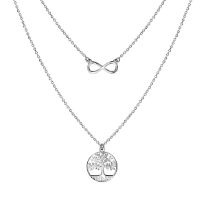 COLLIER ARGENT RHODIÉ DOUBLE CHAINE INFINI ET ARBRE DE VIE 41+3CM