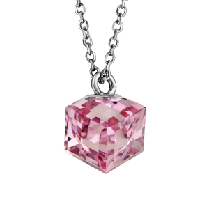 COLLIER ARGENT RHODIÉ ET CUBE CRISTAL ROSE 42+3CM