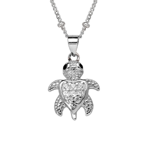 COLLIER ARGENT RHODIÉ PENDENTIF TORTUE OXYDES BLANCS SERTIS 36+4CM