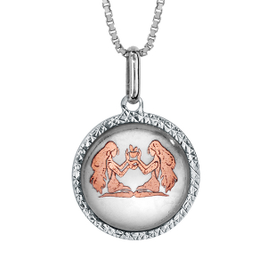 COLLIER ARGENT RHODIÉ PENDENTIF ROND NACRE BLANCHE ZODIAQUE GEMEAUX DORURE ROSE 42+3CM