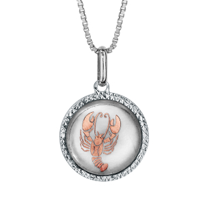 COLLIER ARGENT RHODIÉ PENDENTIF ROND NACRE BLANCHE ZODIAQUE CANCER DORURE ROSE 42+3CM