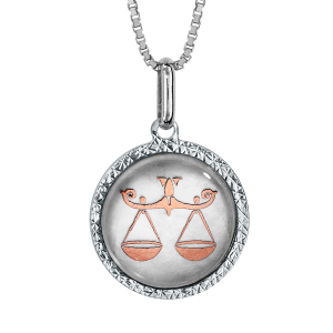 COLLIER ARGENT RHODIÉ PENDENTIF ROND NACRE BLANCHE ZODIAQUE BALANCE DORURE ROSE 42+3CM